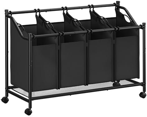 SONGMICS Wäschekorb mit Rollen, Wäschesammler mit 4 abnehmbaren Wäschesäcken, Wäschewagen, für Waschküche Schlafzimmer Badezimmer, 4 x 45 L, tintenschwarz RLS103B01