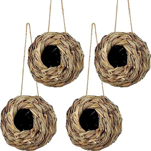 Qezodsx 4Pack Hanging Bird Nest House for Outside,Hand Woven Made of Natural Grass 12 X 12cm for,Balconies,Tree Trunks