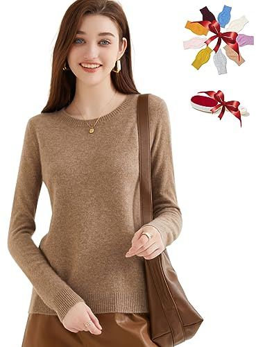 Chanyarn Mujer Jersey 100% Pura Cachemira Otoño Invierno Cuello Redondo Cálido Ligero Manga Larga Jersey de Punto (Tan,M)
