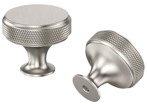 LONTAN 5 Pack Brushed Satin Nickel Door Knobs Silver Drawer Knobs Knurled Round, Cupboard Handles Single Hole Aluminum Alloy