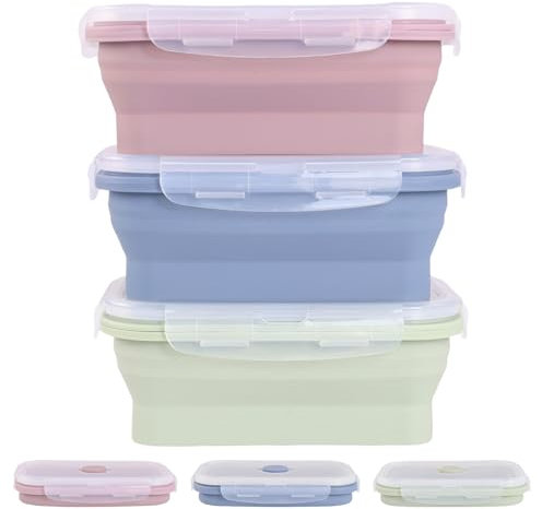Faltbare Brotdose Frischhaltedosen mit Deckel: Faltbare Schüssel Silikon Faltbare Frischhalteboxen - Faltbare Lunchbox Faltbare Tupperdose Camping Zubehör für Kühlschrank Mikrowelle, 550ml, 3 Stück
