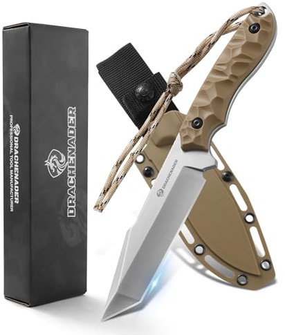 DRACHENADER Couteau Tanto B-ER-TANTO POINT, Outdoor Survival Couteau à lame fixe de 13 cm de long, couteau de ceinture en acier 5Cr14MoV, avec étui, lame argentée - manche ABS Kaki