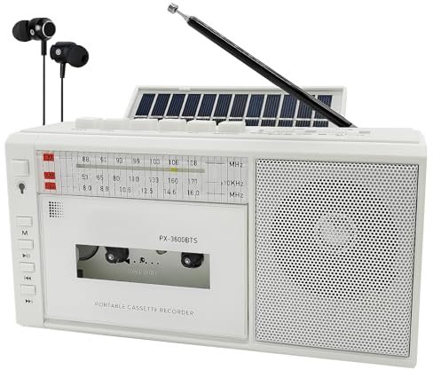 Boombox Lecteur de cassettes, enregistreur radio AM FM, batterie solaire/rechargeable, lecteur de bande avec Bluetooth, lampe de poche, prise casque, prise en charge carte SD/USB 32 Go
