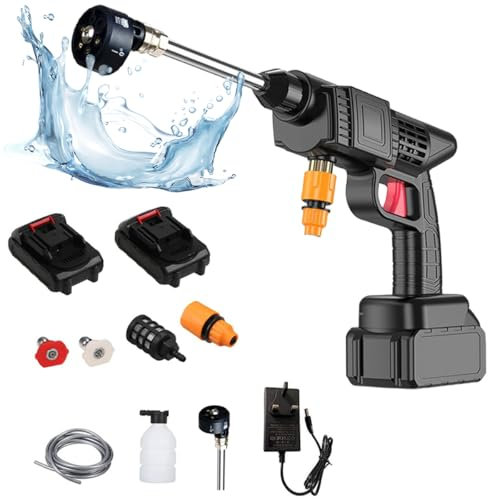 Kabelloser Hochdruckreiniger, 6-in-1-Multifunktionsdüse, 180°-Drehung, mit 2 Akku und Schaumsprüher, tragbarer 24-V-Hochdruckreiniger für Auto, Terrasse, Fenster, Rasen, Pool,(schwarz)