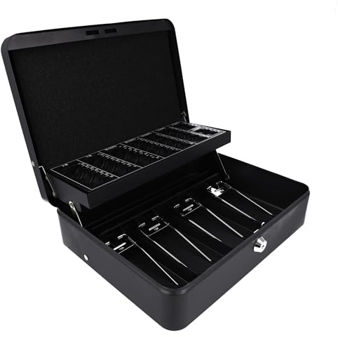 Westcott E-51003 E-51003 - Caja de caudales con cerradura cilíndrica (con 2 llaves, 4 compartimentos para billetes y tabla de conteo de monedas, 30 cm), color negro