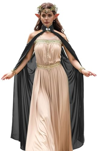 Unykaflor Kvinnor medeltida vintage alvcape, Off Shoudler Forest Elf Queen mantel set (älvkrona och älvöra ingår)