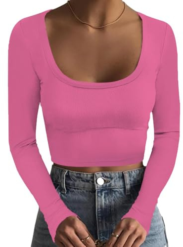 DUOEASE Magliette Donna Manica Lunga Slim Fit a Coste Crop Top Donna Girocollo Casual Top Elegante Autunno Rosa L
