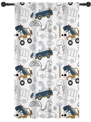 YONGFOTO 107x160cm Coche de Dibujos Animados Cortinas con Bolsillo para Barra Dinosaurio juguetón Dibujado a Mano Autobús Filtración de luz Pestaña Trasera Cortinas para Dormitorio de niño Habitación