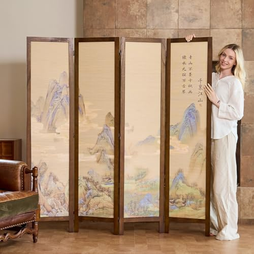 Svimi Asian Style Room Divider - 4 Panel Plum Blossom/Mountain/Calligraphy Design with Wood Frame, Freestanding Partition Screen (67″H x 64″W) (Nature, Mountain)