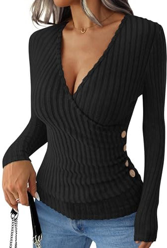 Awinclo Shirts for Women Long Sleeve V Neck Sweater Sexy Ribbed Knit Jumper Slim Fitted Wrap Top Fall Dressy Casual Work Clothes