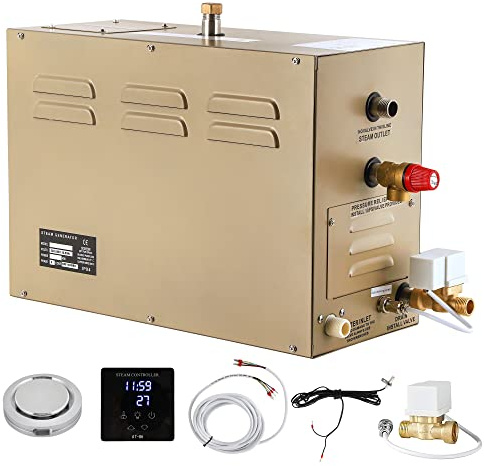 CGOLDENWALL 6KW Generador de Vapor Comercial Auto-drenante para Ducha/Sauna/Baño Turco/SPA, 6m³, 25-55℃ Termostato Automático, Temporizador 30min-12h, con Controlador Impermeable LED (220V)