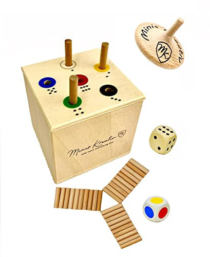 Ab in die Box Spiel Maxi 8 x 8 cm + Gratis 1 Minis Holzkreisel | Spaß für die ganze Familie zum Lernen von Zahlen und Farben | Würfelspiel | Reisespiele für unterwegs