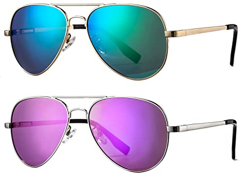 HJSTES Occhiali da sole polarizzati per bambini, stile aviatore, per ragazze e ragazzi, classici, lenti di protezione UV400, 52 mm, Confezione da 2 (specchio oro/verde + argento/viola specchio), Small