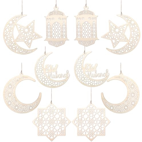 GWHOLE 10 PCS Eid Ramadan Decorations for Home, Wooden Pendant Ramadan Eid Mubarak Decorations Hanging Lantern Moon Star Ornament for Islamic Ramadan Mubarak Home Party DIY Wall Decor