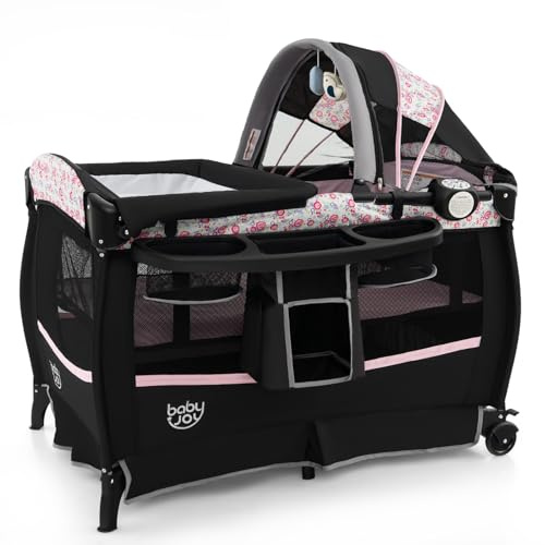 BABY JOY 4 in 1 Pack and Play, Portable Baby Playard with Bassinet & Flip-Away Changing Table, Canopy, Portable Bedside Crib w/Storage Basket, Infant Bassinet from Newborn to Toddlers (Pink Flower)