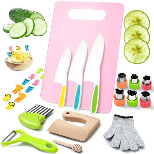 LETTO & TAILOR Kids Knife Set for Chopping – 25-Piece Toddler Cooking Set with Wooden Knives, Kids Safety Gloves, Chopping Board & More – Montessori Knife Set for Real Cooking with Toddlers