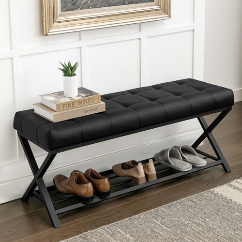 LUE BONA Schuhbank,Schuhbank mit Sitzfläche,Schuhbank mit Sitzbank und Leder Gepolstertem,Sitzbank Flur mit Metallrahmen für Eingangsbereich,Wohnzimmer,Flur,113 x 38 x 46 cm,Schwarz