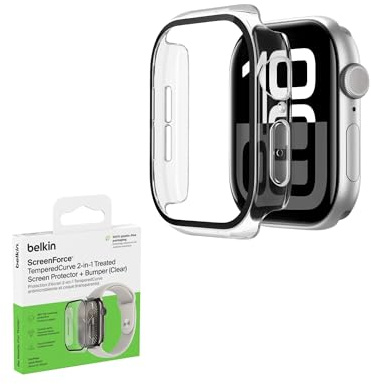 Belkin ScreenForce TemperedCurve Skärmskydd Apple Watch Serie 10 (46mm), 2-i-1 fodral för Apple Watch med 360˚ skydd och stötdämpning, skal av härdat glas, 46mm – genomskinligt