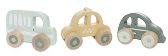 Jollein Voitures en Bois - Lot de 3 Voitures de Jeu - on The Go - Jouet Bébé en Bois - Voiture, Taxi & Bus - Stimule l'imagination & la motricité - Jouet en Bois - Jaune/Vert/Menthe
