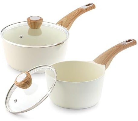 SENSARTE 1.5 & 2.5 Quart Ceramic Sauce Pan Sets with Lid, Cooking Pots Set, Nonstick Saucepan Set with Pour Spout, Small Pot, Non toxic Saucepot, Sauciers, Induction Comptable, PFOA PTFE PFAS Free