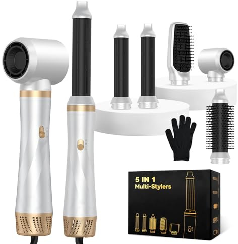 Focenat Spazzola Asciugacapelli 5 in 1, 1000W Air Styler Set con Asciugacapelli Ioni, Spazzola Lisciante Volumizzante e Ferro Arricciacapelli, 3 Temperature e Velocità, per Asciugare Lisciare e Ricci
