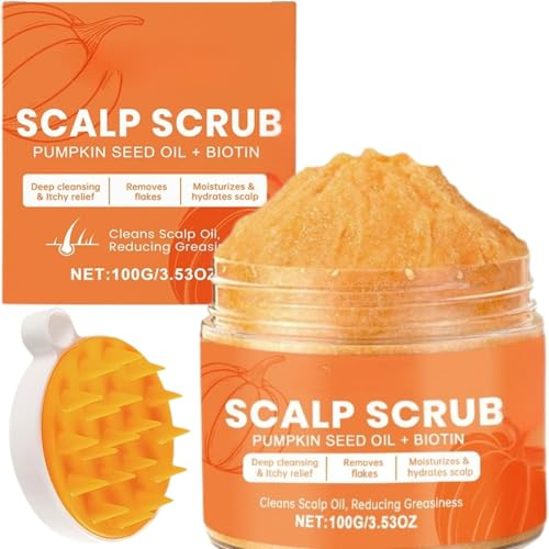 Aceite de semillas de calabaza y biotina exfoliante para el cuero cabelludo con cepillo de masaje, exfoliante y champú alternativo para cuero cabelludo graso y escamoso, eliminador de construcción y