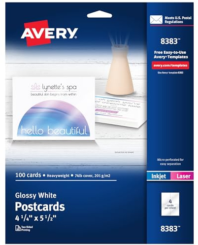 Avery® Printable Postcards, 4.25 x 5.5, Glossy White, 100 Cards