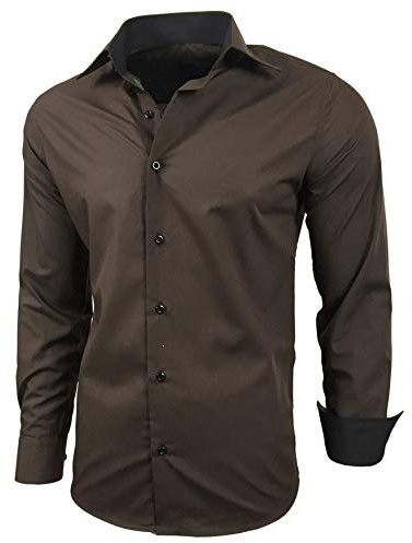 Baxboy - Camisa de manga larga para hombre, de corte ajustado, fácil de planchar, para trajes, trabajo, bodas, tiempo libre, R-44 marrón L