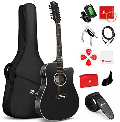 Vangoa 12 saitige Westerngitarre mit Tonabnehmer 4-Band EQ Elektro Akustische Gitarre 41 Zoll, Schwarz
