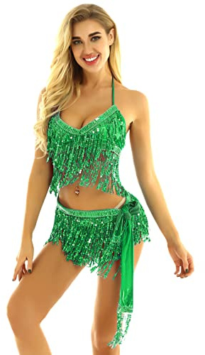 CHICTRY Magdans kostym damer tofs bh paljetter topp & fransar kjol bälte höftduk belly dans outfit karneval indiska danskläder