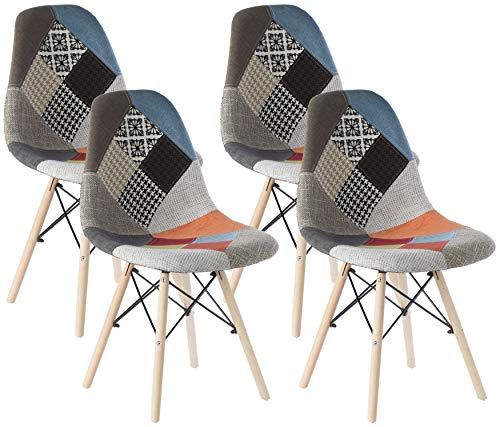 Fabulaxe Mid-Century Modern Upholstered Plastic Multicolor Fabric Patchwork DSW Shell Dining Chair with Wooden Dowel Eiffel Legs, Set of 4