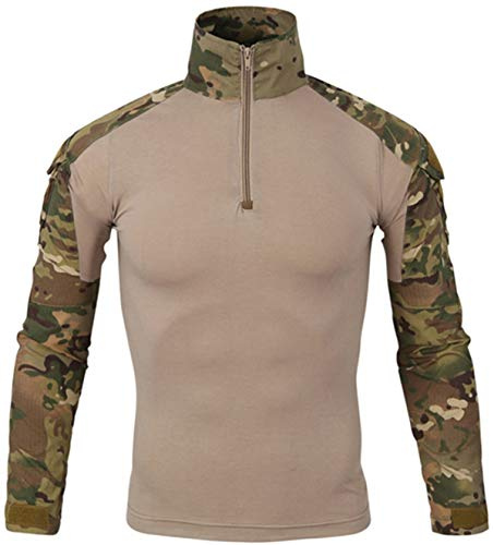FENG Taktisk militärstrids-t-shirt för män långärmad slim fit camo skjorta militär uniform airsoft tillbehör jakt vandring, cp camo, L
