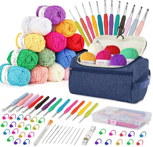 YINVA Crochet Kit Crochet Kits for Beginners Adults 15Pcsx25g Crochet Yarns Ergonomic Metal Crochet Hooks 2mm-8mm Knitting Accessories Tools Storage Case Needles Crochet Starter Kit-Blue