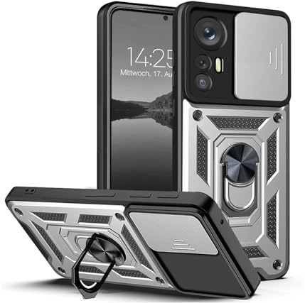 LBH Armor Hülle für Xiaomi 12 Pro Case mit Kameraschutz Outdoor Stoßfest Handyhülle 360 Grad Metal Ring Halter Ständer Schutzhülle für Handyhalterung Auto Magnet Silber