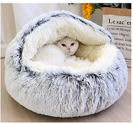 Round Fluffy Cat Cave - Soft Cozy Plush Hooded Bed With Non-Slip Bottom, Washable Igloo for Kittens and Puppies (Grey, 50cm)