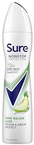Sure Women Nonstop Protection Pure Melon Aloe Deodorant Body Spray Antiperspirant with body heat activated technology for 72 hour odour and sweat protection 250 ml, Pack of 6