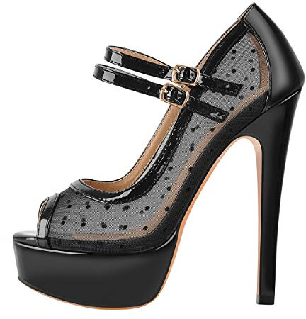 MissHeel Escarpins à plateforme Mary Janes à brides à talons hauts en maille avec boucles cheville, Noir , 36 EU