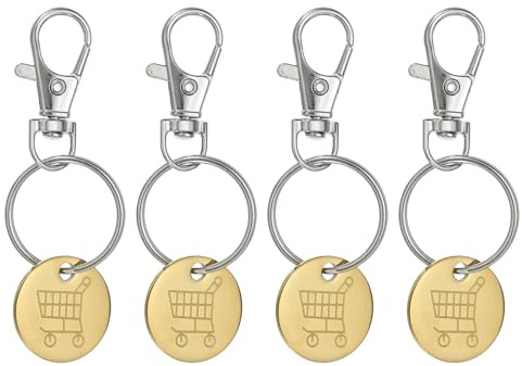 PATIKIL Shopping Trolley Token Key Ring, 4 Pack Stainless Steel Grocery Cart Remover Coin Keychain Unlock Release Key for Meters, Change, Gold Tone