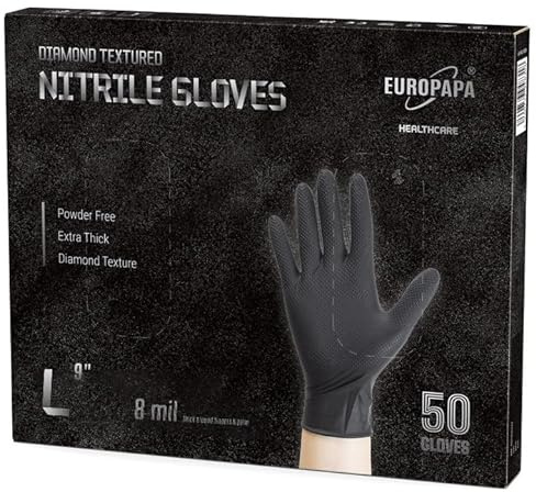 EUROPAPA 50 guantes de nitrilo extragruesos de 8 g, con agarre de diamante, color negro y naranja, perfectos agarres, guantes de protección de montaje, guantes de trabajo sin polvo (Negro, L)