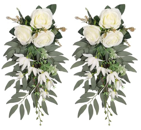 Plcnn 2Pcs Wedding Chair Back Flower, Wedding Artificial Rose Flowers Swag, Wedding Aisle Decorations, Outdoor Bench Pew Decorations for Wedding Ceremony Decorations(White)(White)