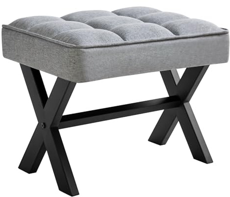 IBUYKE Liten 30,48 cm H fotstödspall, fyrkantig fotpall i linne med X-ben, flera användningsområden som litet sidobord, stegpall för vardagsrum, sovrum, entré, kontor, blå grå WBD011L | Fotpall metall X-ben multianvändning litet sidobord vardagsrum sovrum entré kontor