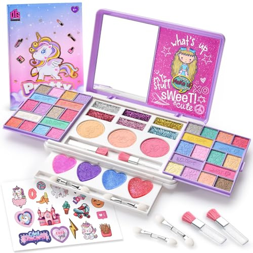Toylink Estuche de Maquillaje Plegable Niñas Set de Maquillaje Unicornio Lavable con Sombras de Ojos Gloss Labial Rubor Brillantina Maletín Cosméticos Juguete de rol Regalo Niñas de 6 7 8 9 10 Años