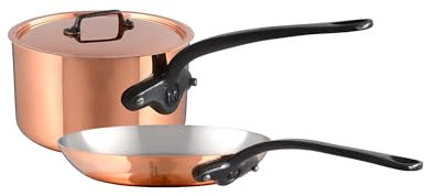 Mauviel M'Heritage 150 CI 1.5mm Polished Copper & Stainless Steel DeLuxe 3-Piece Cookware Set, With Sauce Pan With Lid, 2.8-Qt and Frying Pan 11.8-In, Cast Iron Handles, Made in France