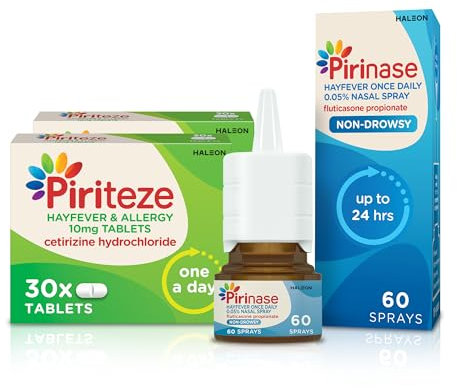 Piriteze Allergy Relief Antihistamine Tablets (60) & Pirinase Hayfever Once Daily Nasal Spray Bundle - Hayfever Tablets with Cetirizine - Hayfever Nasal Spray - Allergy Tablet & Sinus Relief