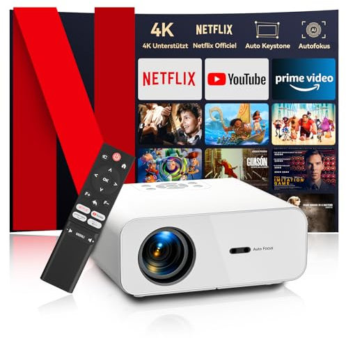 Beamer 4K【Netflix Zertifizierung/Autofokus】 Auto Keystone WiFi Bluetooth5.2 Mini Beamer, 28000 Lumen Full HD 1080P projektor 4K Heimkino, Smart projektor mit EIN-klick-Nutzung von Netflix/YouTube/D+