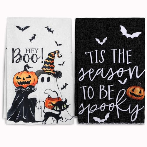 Toallas de Cocina de Halloween Paños de Cocina, Juego de 2 Trapos de Cocina con Diseño de Calabaza Fantasma, Halloween Paños de Lavado, Paños de Microfibra para Cocina, Baño, Decoración De Halloween