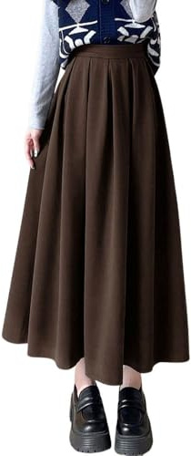 chouyatou Women's Fall Winter Wool Pleated A Line Skirt Casual High Waisted Swing Wool Blend Midi Long Skirt (Small, Coffee Brown)
