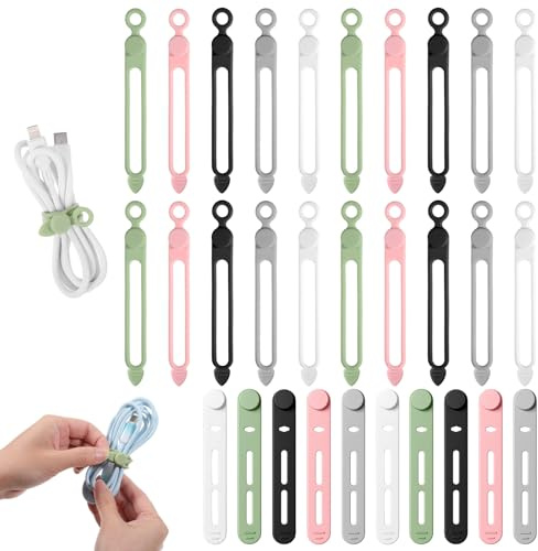 XLIUAX 20 bridas para cables, de silicona ajustable, organizador de cables reutilizables, clips elásticos para el hogar, oficina, cocina, auriculares, cargadores, cables USB para computadora