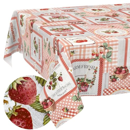Vaxduk, bordsduk, tvättbar, lättskött, lotuseffekt utomhus, trädgårdsbordsduk, jordgubbar 130 x 90 cm (rektangulär)
