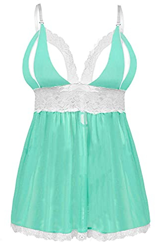 EVELIFE Damer överdimensionerade underkläder set spets sexig chemise nattkläder babydollklänning med G-string, Grön, 3XL